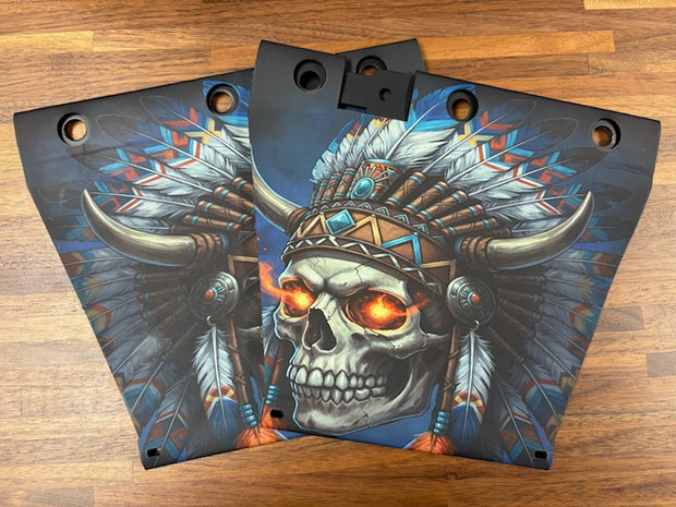Skull Headdress Saddlebag Tethers for Indian Challengers, Pursuits, Roadmasters, etc.