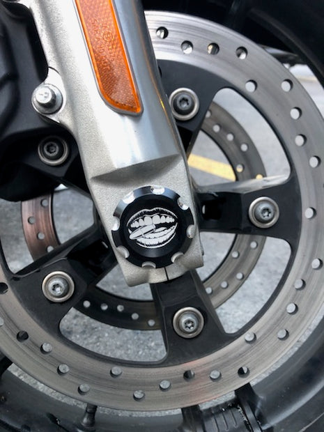 Kiss My Brass Contrast Cut Front Axle Nut Covers for Harley Davidson Motorcycles