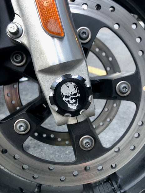 Skull Rider Contrast Cut Front Axle Nut Covers for Harley Davidson Motorcycles