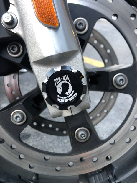 POW/MIA Contrast Cut Front Axle Nut Covers for Harley Davidson Motorcycles