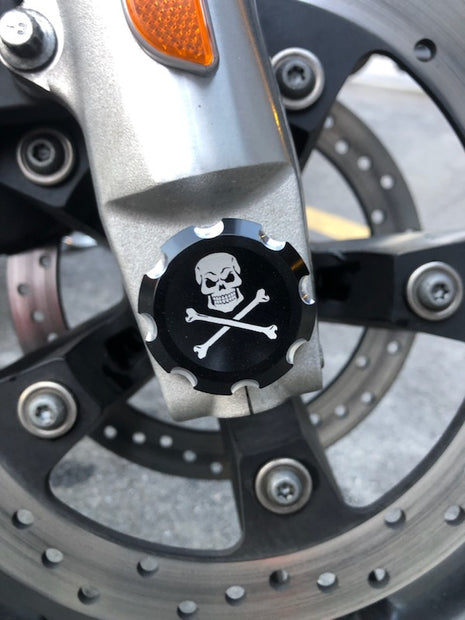 Skull and Crossbones Contrast Cut Front Axle Nut Covers for Harley Davidson Motorcycles